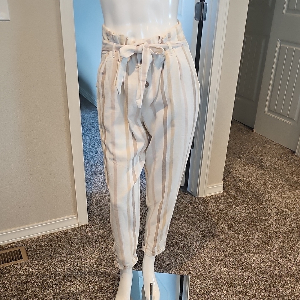 Cream and Tan Cropped Paper Bag Waist Pants